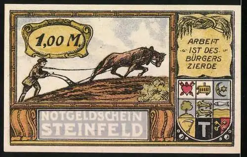 Notgeld Steinfeld, 1921, 1 Mark, Adler mit Fahne und Pflügender Bauer