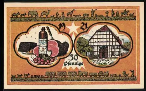 Notgeld Steinheim, 1921, 50 Pfennig, Illustrationen von Speisen und Fachwerkhaus, Rückseite mit Stadtsparkasse