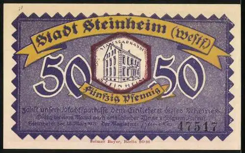 Notgeld Steinheim, 1921, 50 Pfennig, Illustrationen von Speisen und Fachwerkhaus, Rückseite mit Stadtsparkasse