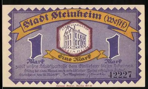 Notgeld Steinheim (Westf), 1921, Eine Mark, Lila mit Gebäude und Gedicht von A. Weber