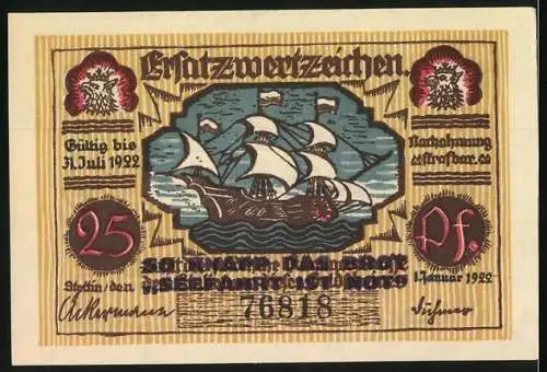 Notgeld Stettin 1922, 25 Pfennig, Robert Blum Porträt und Segelschiff, gültig bis 31. Juli 1922