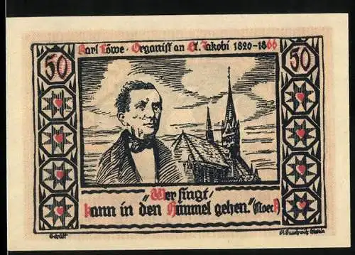 Notgeld Stettin 50 Pf, Karl Löwe und Segelschiffe, gültig bis 31. Juli 1922