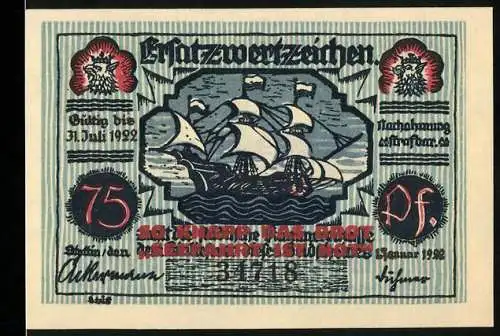 Notgeld Stettin 1922, 75 Pfennig, Vorderseite Schiffsszene und Rückseite Bürgermeister Dr. Haken