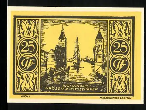 Notgeld Stettin, 1921, 25 Pf, Deutschlands grösster Ostseehafen, gültig bis 31. März 1922, Nr. 89603