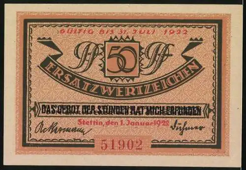 Notgeld Stettin, 1922, 50 Pfennig, Deutschlands grösster Ostseehafen und Ersatzwertzeichen, gültig bis 31. Juli 1922