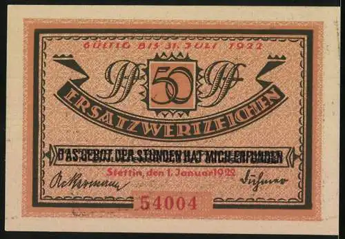 Notgeld Stettin 1922, 50 Pfennig, Deutschlands grösster Ostseehafen, gültig bis 31. Juli 1922, Serie 54004