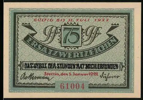 Notgeld Stettin 1922, 75 Pfennig, Ersatzwertzeichen mit Hafenszene und Stadtansicht, gültig bis 31. Juli 1922
