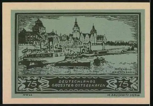 Notgeld Stettin 1922, 75 Pfennig, Ersatzwertzeichen mit Hafenszene und Stadtansicht, gültig bis 31. Juli 1922