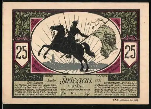 Notgeld Striegau 1921, 25 Pfennig, Reiter auf schwarzem Pferd mit Fahne, Porträt Friedrich des Grossen