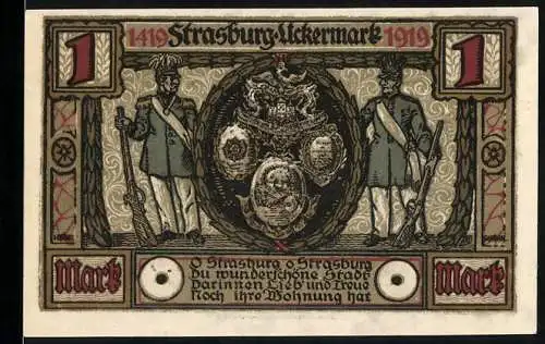 Notgeld Strasburg 1919, 1 Mark, Zinnsoldaten und Wappen, Stadtansichten von Volksschule und Kirche