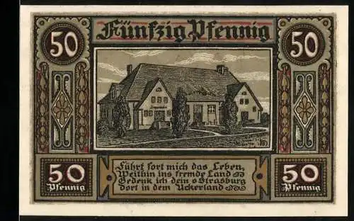 Notgeld Strasburg, 1921, 50 Pfennig, Gebäude und Wappen