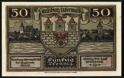 Notgeld Strasburg, 1921, 50 Pfennig, Gebäude und Wappen