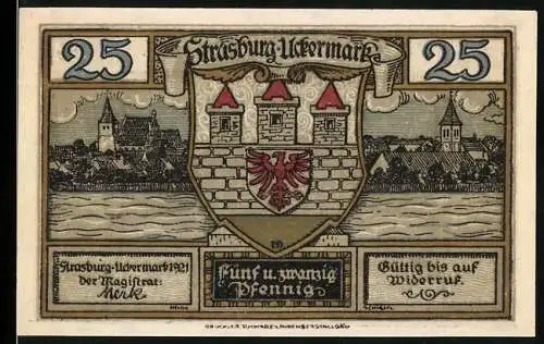 Notgeld Strasburg-Uckermark 1921, 25 Pfennig, Stadtansicht und Wappen, Rathaus mit Gedicht