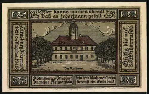 Notgeld Strasburg-Uckermark 1921, 25 Pfennig, Stadtansicht und Wappen, Rathaus mit Gedicht