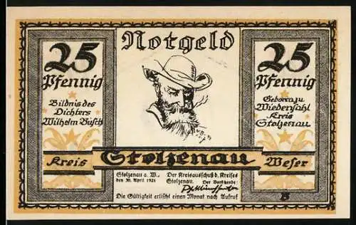 Notgeld Stolzenau 1921, 25 Pfennig, Bildnis des Dichters Wilhelm Busch und Zitat mit Zeichnung auf der Rückseite