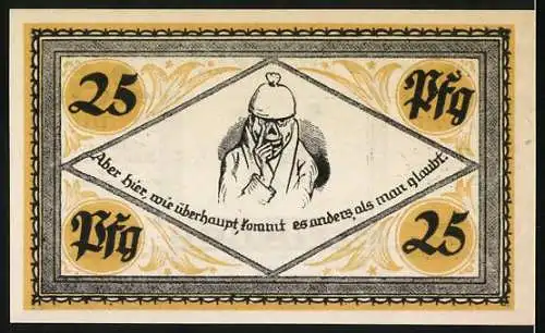 Notgeld Stolzenau 1921, 25 Pfennig, Bildnis des Dichters Wilhelm Busch und Zitat mit Zeichnung auf der Rückseite