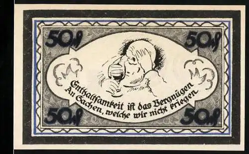 Notgeld Stolzenau 1921, 50 Pfennig, Dichter Wilhelm Busch Denkmal und humorvolle Darstellung