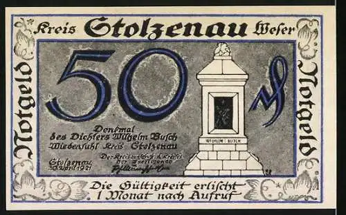 Notgeld Stolzenau 1921, 50 Pfennig, Dichter Wilhelm Busch Denkmal und humorvolle Darstellung