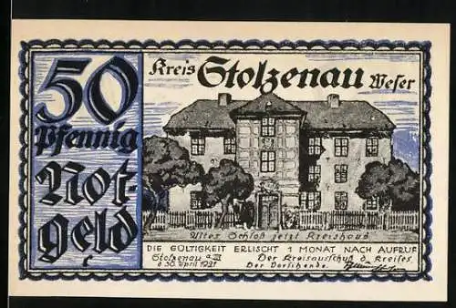 Notgeld Stolzenau 1921, 50 Pfennig, Abbildung von altem Schloss und einer Gruppe von Menschen am Tisch