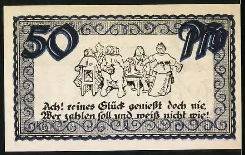 Notgeld Stolzenau 1921, 50 Pfennig, Abbildung von altem Schloss und einer Gruppe von Menschen am Tisch