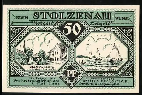 Notgeld Stolzenau 1921, 50 Pfennig, Stadt Rehburg und Steinhuder Meer, grün und schwarz, Spruch von W. Busch