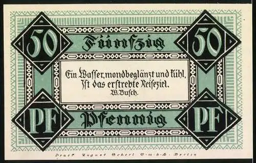 Notgeld Stolzenau 1921, 50 Pfennig, Stadt Rehburg und Steinhuder Meer, grün und schwarz, Spruch von W. Busch