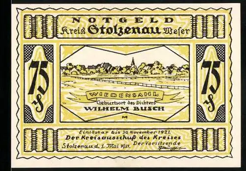 Notgeld Stolzenau Weser, 1921, 75 Pfennig, Widensahl Geburtsort Wilhelm Busch, Landschaft und Cartoon Illustration