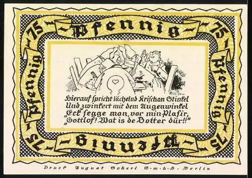 Notgeld Stolzenau Weser, 1921, 75 Pfennig, Widensahl Geburtsort Wilhelm Busch, Landschaft und Cartoon Illustration