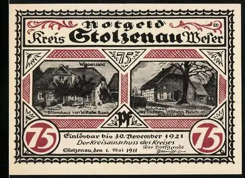 Notgeld Stolzenau 1921, 75 Pfennig, Vorderseite mit Wohnhaus von Wilhelm Busch und Rückseite humoristisches Motiv