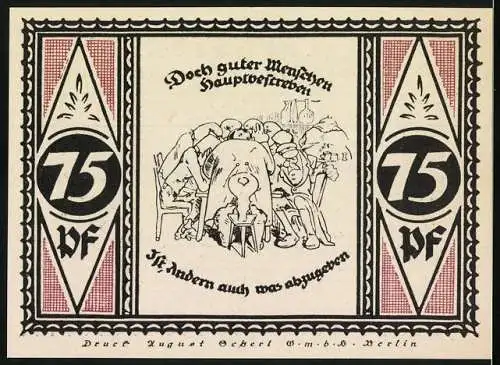 Notgeld Stolzenau 1921, 75 Pfennig, Vorderseite mit Wohnhaus von Wilhelm Busch und Rückseite humoristisches Motiv