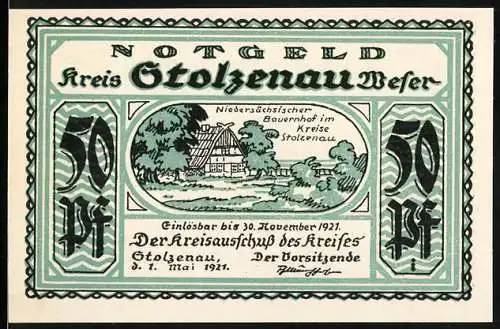 Notgeld Stolzenau Weser 1921, 50 Pf, niedersächsischer Bauernhof und Kartenspieler am Tisch