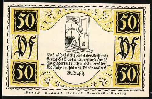 Notgeld Stolzenau 1921, 50 Pf, Bad Rehburg Gesamtansicht und Kurhaus, Wilhelm Busch Zitat und Illustration