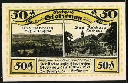 Notgeld Stolzenau 1921, 50 Pf, Bad Rehburg Gesamtansicht und Kurhaus, Wilhelm Busch Zitat und Illustration