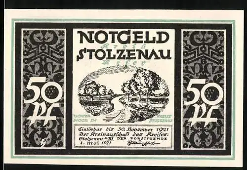 Notgeld Stolzenau 1921, 50 Pf, Landschaft mit Fluss und Wilhelm Busch Illustration