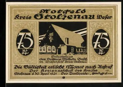 Notgeld Stolzenau 1921, 75 Pfennig, Geburtshaus des Dichters Wilhelm Busch und Landschaftsmotiv mit Spruch