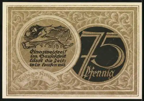 Notgeld Stolzenau 1921, 75 Pfennig, Geburtshaus des Dichters Wilhelm Busch und Landschaftsmotiv mit Spruch