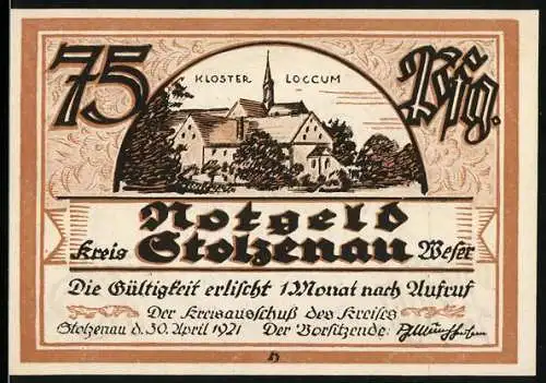 Notgeld Stolzenau 1921, 75 Pfennig, Kloster Loccum und Zitat von Wilhelm Busch