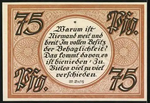 Notgeld Stolzenau 1921, 75 Pfennig, Kloster Loccum und Zitat von Wilhelm Busch
