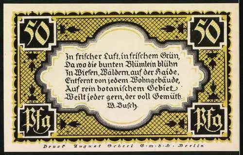 Notgeld Stolzenau, 1921, 50 Pfennig, Wesermarsch im Kr. Stolzenau, botanisches Gedicht von W. Busch