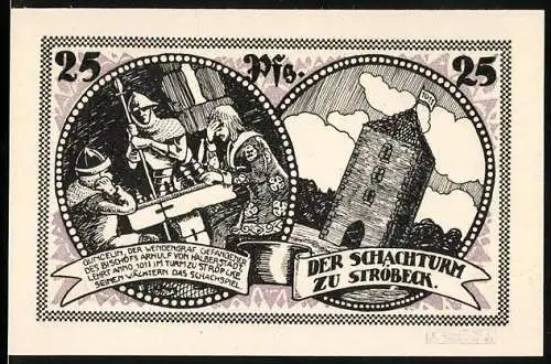 Notgeld Ströbeck, 1921, 25 Pfennig, Schachturm und Gemeinde-Wappen