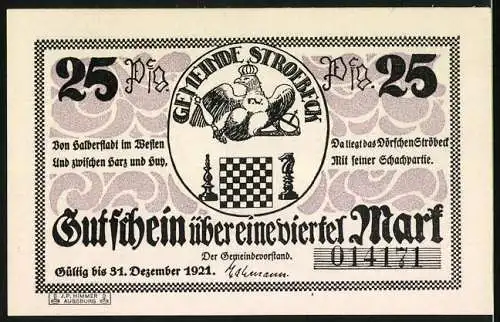 Notgeld Ströbeck, 1921, 25 Pfennig, Schachturm und Gemeinde-Wappen
