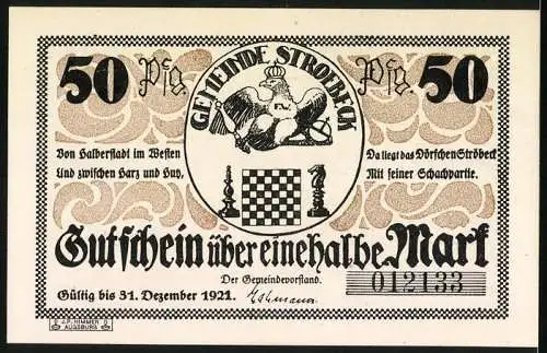 Notgeld Ströbeck 1921, 50 Pfennig, Schachbrett und Dorfansicht mit Text