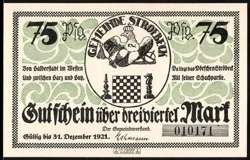 Notgeld Ströbeck, 1921, 75 Pfennig, Gutschein über dreiviertel Mark, Schachspiel-Szene und Wappen