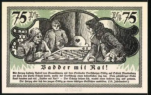 Notgeld Ströbeck, 1921, 75 Pfennig, Gutschein über dreiviertel Mark, Schachspiel-Szene und Wappen