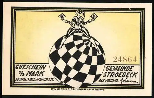 Notgeld Ströbeck, 1921, 1 /2 Mark, Vorderseite: Gaukler auf Schachbrettkugel, Rückseite: Bauer mit Pflug auf Schachbrett