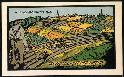 Notgeld Ströbeck, 1921, 1 /2 Mark, Vorderseite: Gaukler auf Schachbrettkugel, Rückseite: Bauer mit Pflug auf Schachbrett