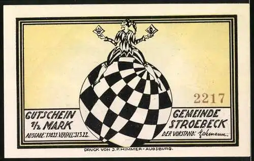 Notgeld Ströbeck, 1921, 1 /2 Mark, Schachbrett-Darstellung mit Figuren und Schachspieler auf Schachbrettkugel