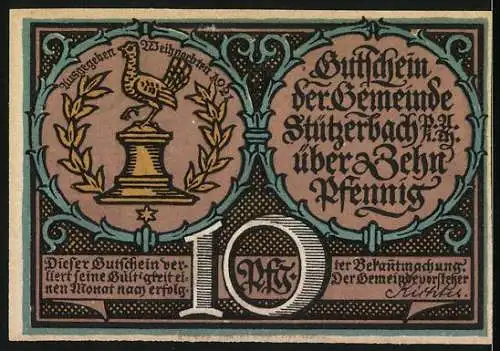 Notgeld Stützerbach, 1921, 10 Pfennig, Anfertigung einer Retorte, Gutschein der Gemeinde über zehn Pfennig