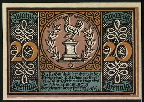 Notgeld Stützerbach 1921, 20 Pfennig, Glasbläser an der Gebläselampe arbeitend, Rückseite mit Hahn und Text