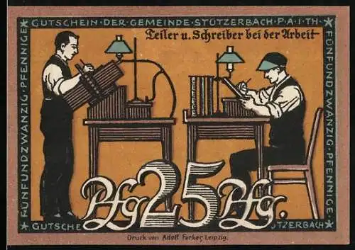 Notgeld Stützerbach, 1921, 25 Pfennig, Leier und Schreiber bei der Arbeit, Wappen mit Hahn und Eichenlaub